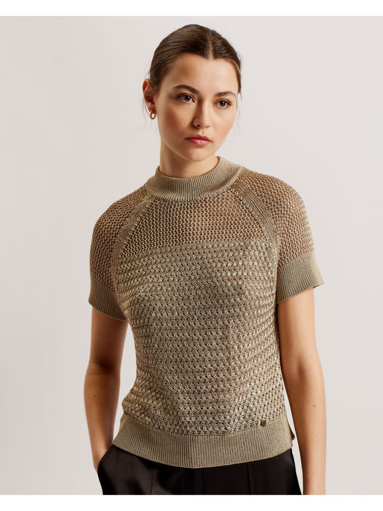 Ted Baker Abaly - Metallic Knitted Short Sleeve Top T-shirts Damen Beige | 236089-VEA