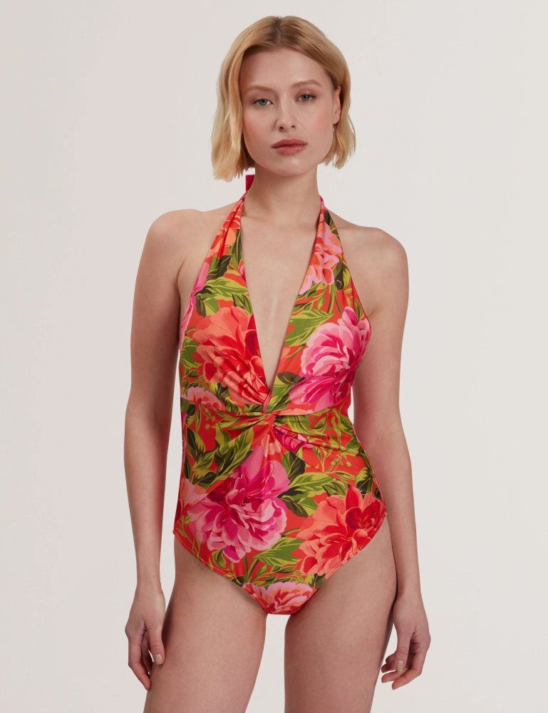 Ted Baker Abygal - Floral Print Plunge Halter Neck Swimsuit Bademode Damen Koralle | 439682-SNV