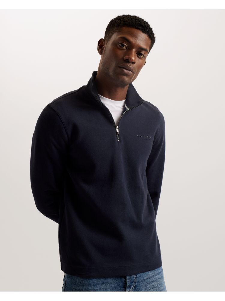 Ted Baker Actos - Branded Half Zip Cotton Blend Sweatshirt Oberteile Herren Navy | 071453-DZA