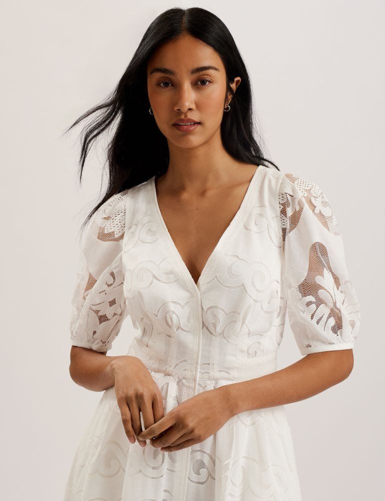 Ted Baker Agnel - Lace Puff Sleeve Cotton Blend Midi Dress Kleid Damen Weiß | 692103-BEW