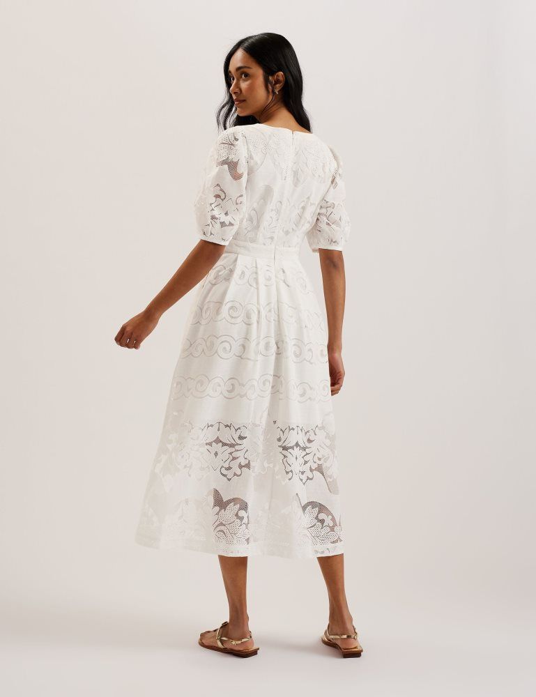Ted Baker Agnel - Lace Puff Sleeve Cotton Blend Midi Dress Kleid Damen Weiß | 692103-BEW
