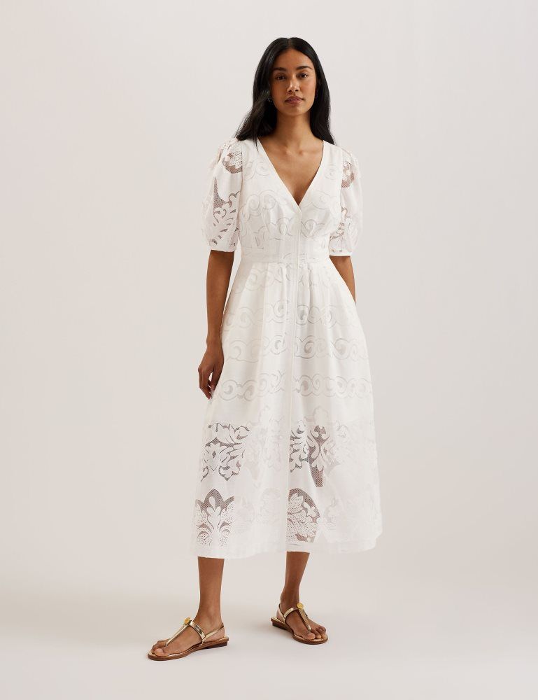 Ted Baker Agnel - Lace Puff Sleeve Cotton Blend Midi Dress Kleid Damen Weiß | 692103-BEW
