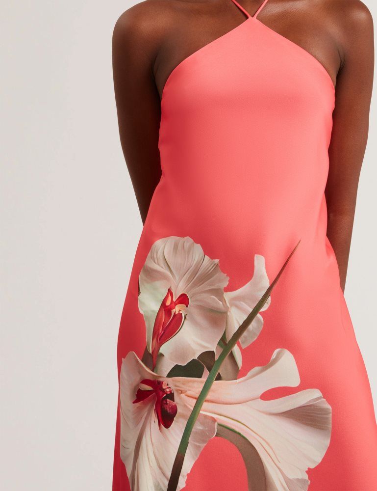 Ted Baker Ajima - Floral Graphic Halter Neck Satin Maxi Dress Kleid Damen Koralle | 091265-BYG
