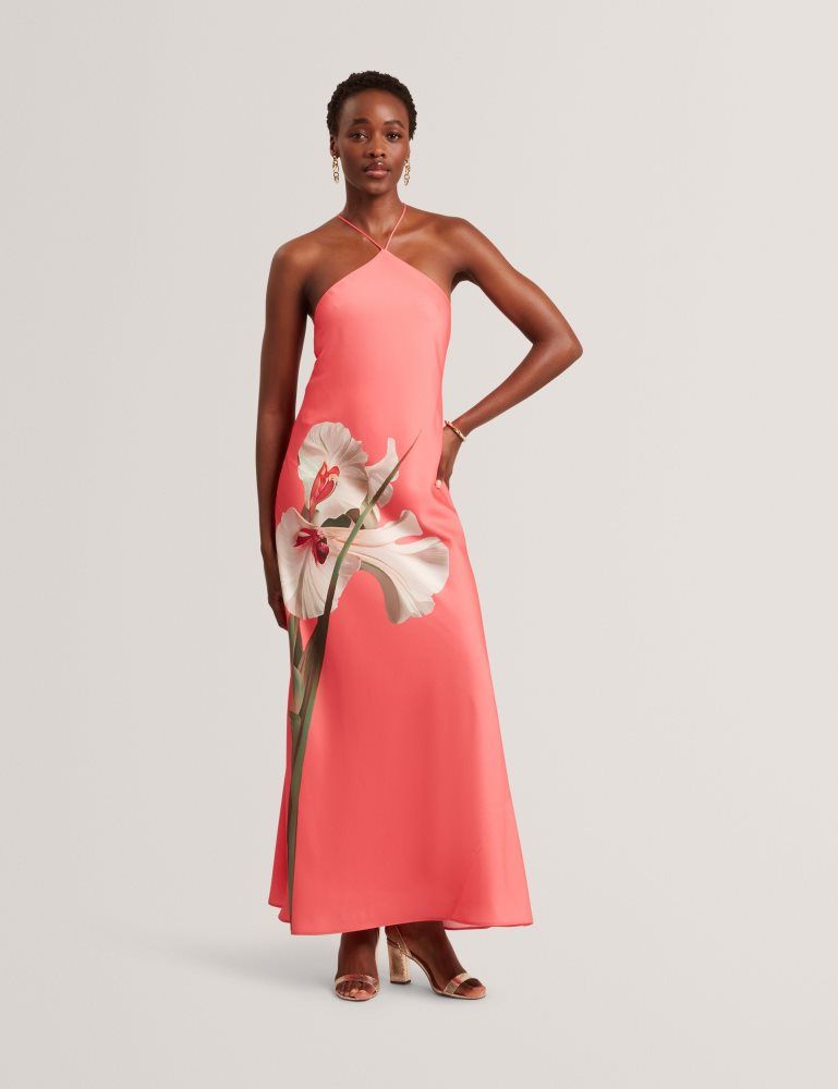 Ted Baker Ajima - Floral Graphic Halter Neck Satin Maxi Dress Kleid Damen Koralle | 091265-BYG
