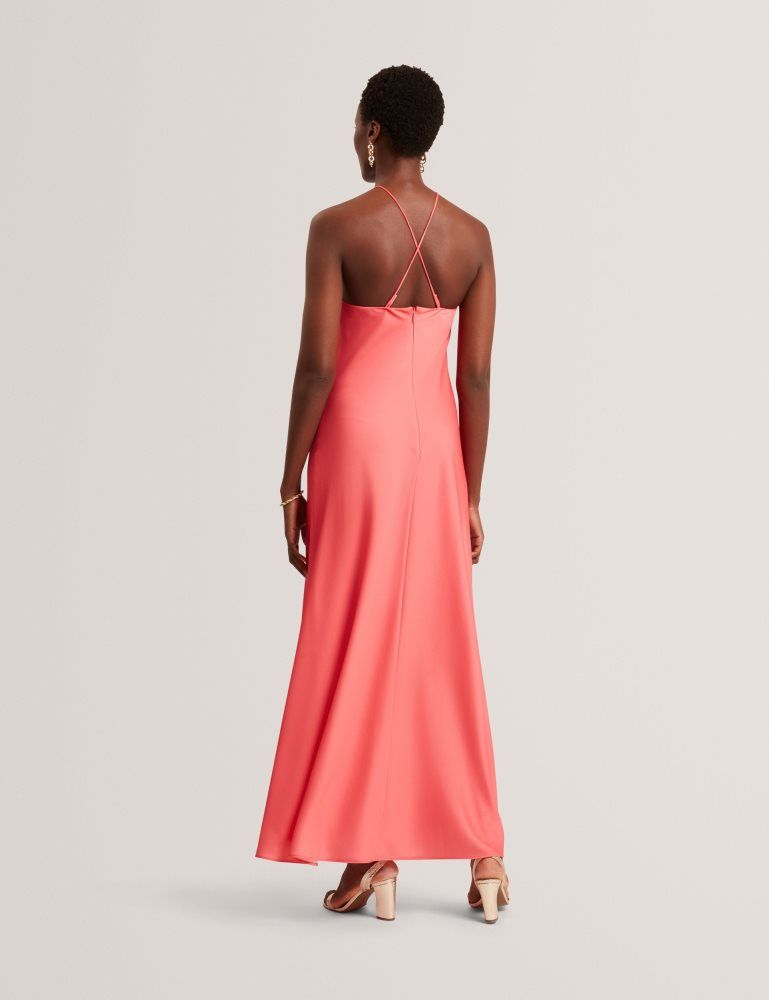Ted Baker Ajima - Floral Graphic Halter Neck Satin Maxi Dress Kleid Damen Koralle | 091265-BYG
