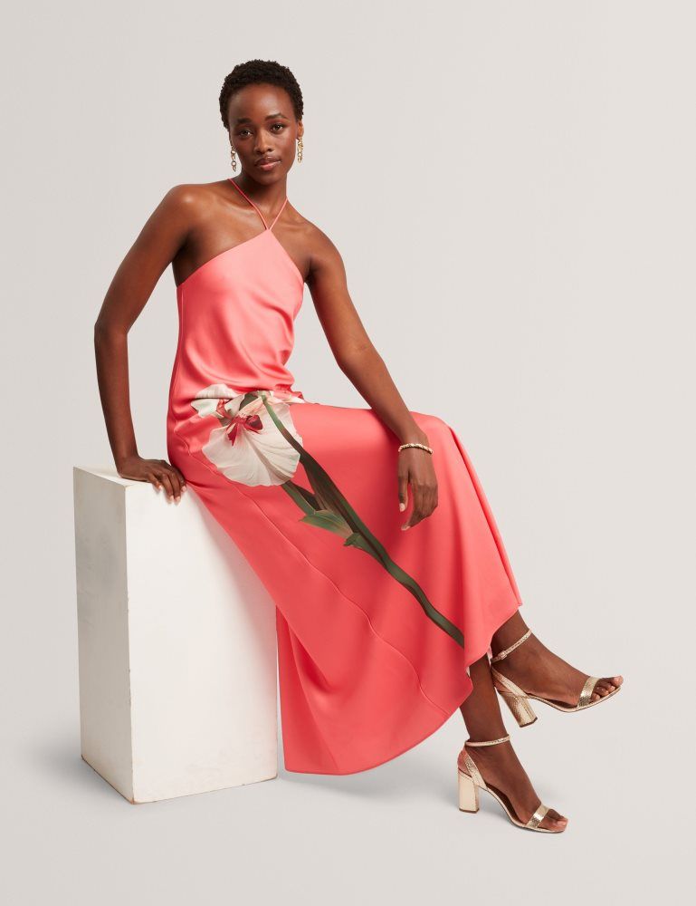 Ted Baker Ajima - Floral Graphic Halter Neck Satin Maxi Dress Kleid Damen Koralle | 091265-BYG