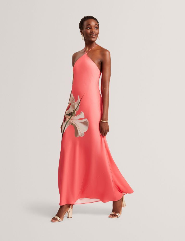 Ted Baker Ajima - Floral Graphic Halter Neck Satin Maxi Dress Kleid Damen Koralle | 091265-BYG