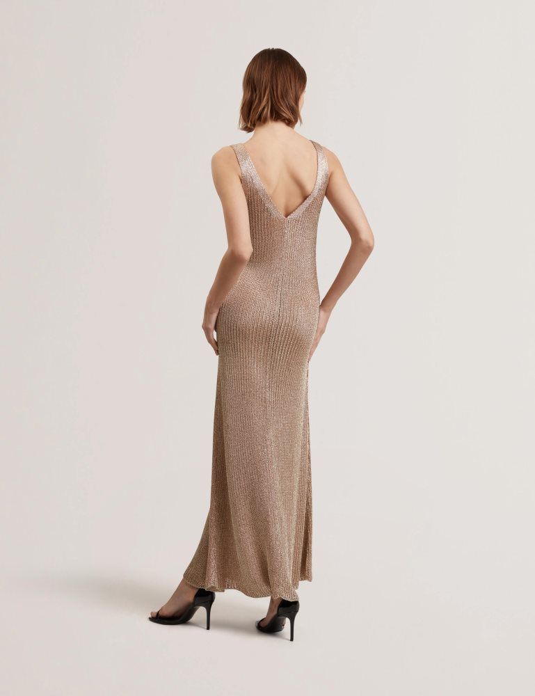 Ted Baker Alarnaa - Metallic Knit Sleeveless Column Maxi Dress Kleid Damen Gold | 019324-PML