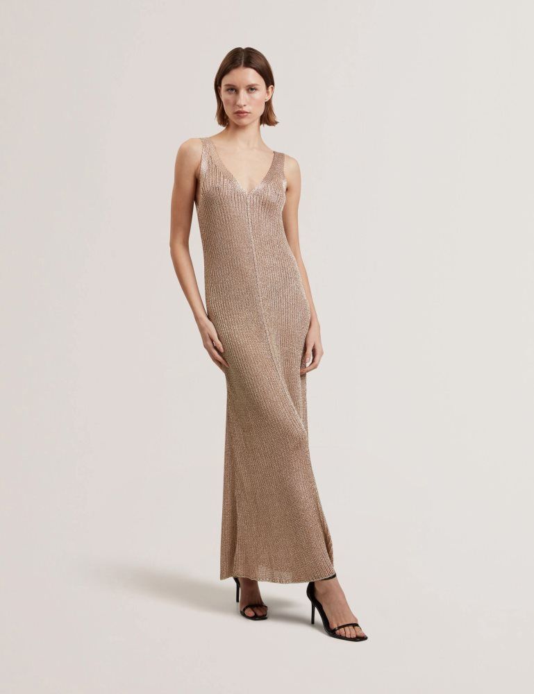 Ted Baker Alarnaa - Metallic Knit Sleeveless Column Maxi Dress Kleid Damen Gold | 019324-PML