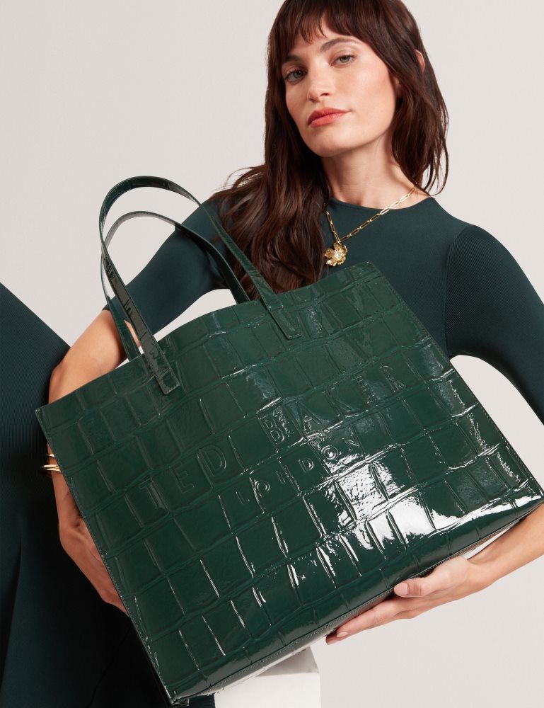 Ted Baker Allicon - Patent Croc Effect Wide Icon Tote Bag Tragetaschen Damen Grün | 349160-NWT
