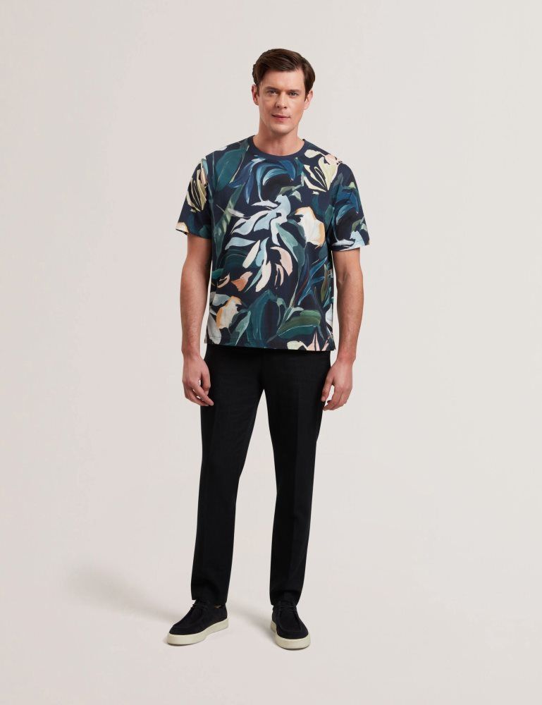 Ted Baker Almoi - Floral Print Pure Cotton T-shirt Oberteile Herren Schwarz | 573914-BRQ