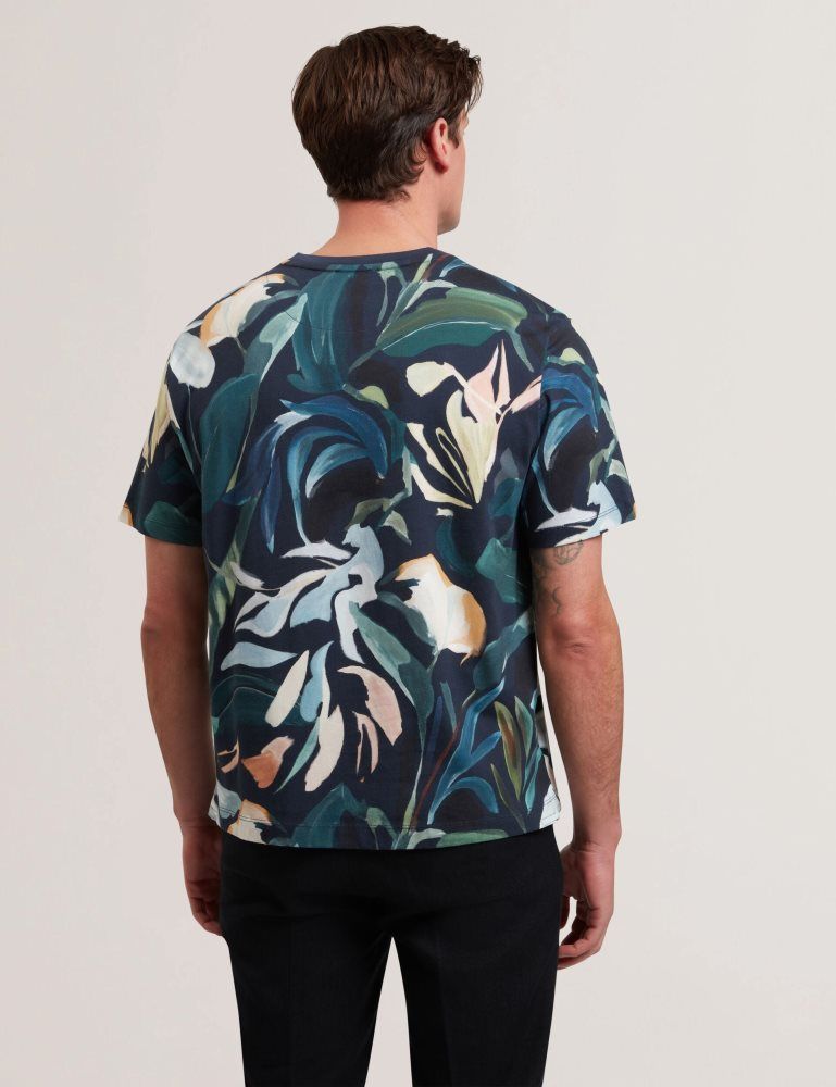 Ted Baker Almoi - Floral Print Pure Cotton T-shirt Oberteile Herren Schwarz | 573914-BRQ
