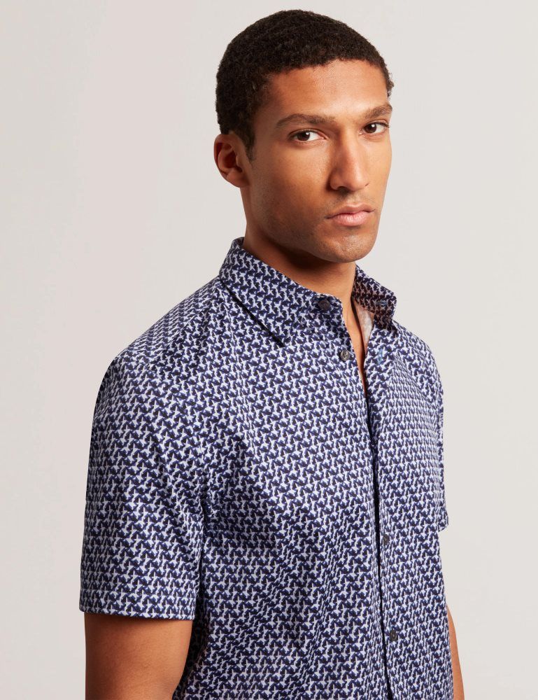 Ted Baker Alphso - Geometric Print Pure Cotton Short Sleeve Shirt Oberteile Herren Navy | 245860-QYP