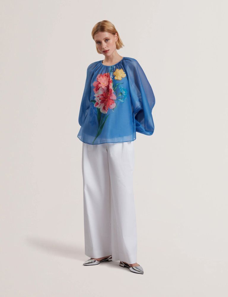 Ted Baker Alria - Floral Graphic Organza Balloon Sleeve Blouse T-shirts Damen Blau | 190258-GMQ