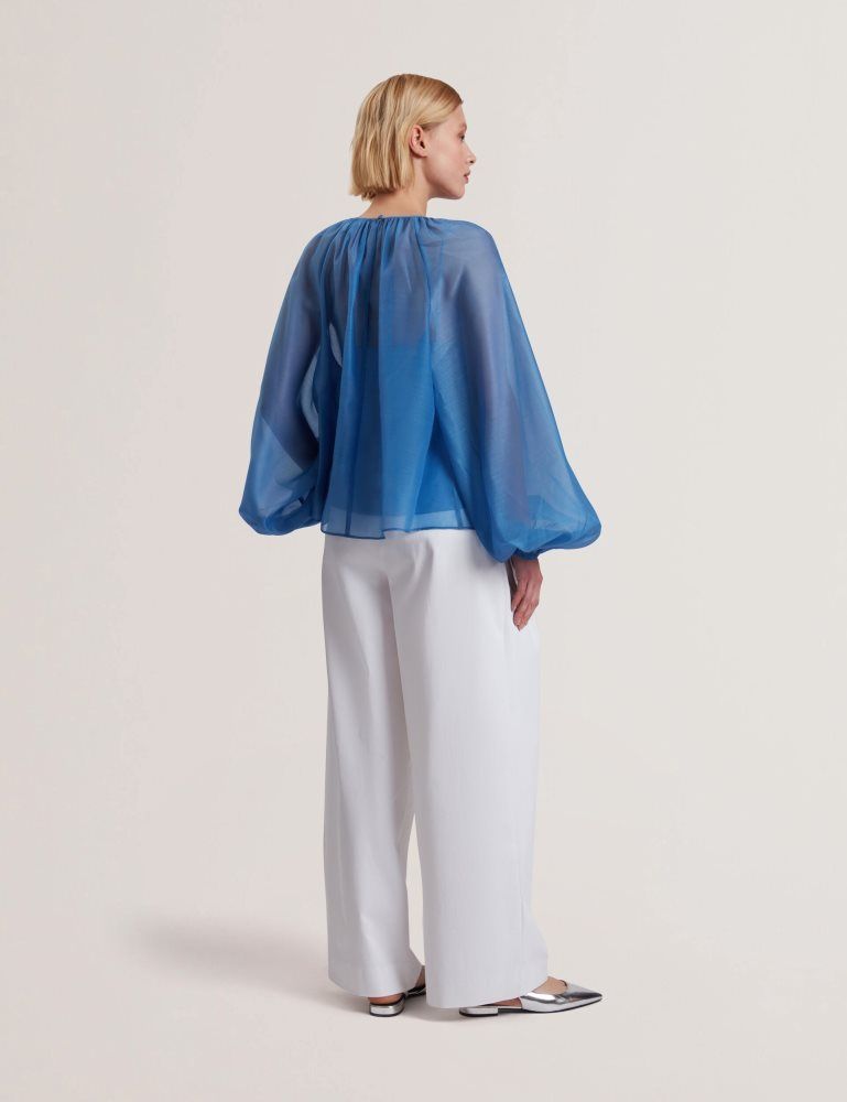 Ted Baker Alria - Floral Graphic Organza Balloon Sleeve Blouse T-shirts Damen Blau | 190258-GMQ