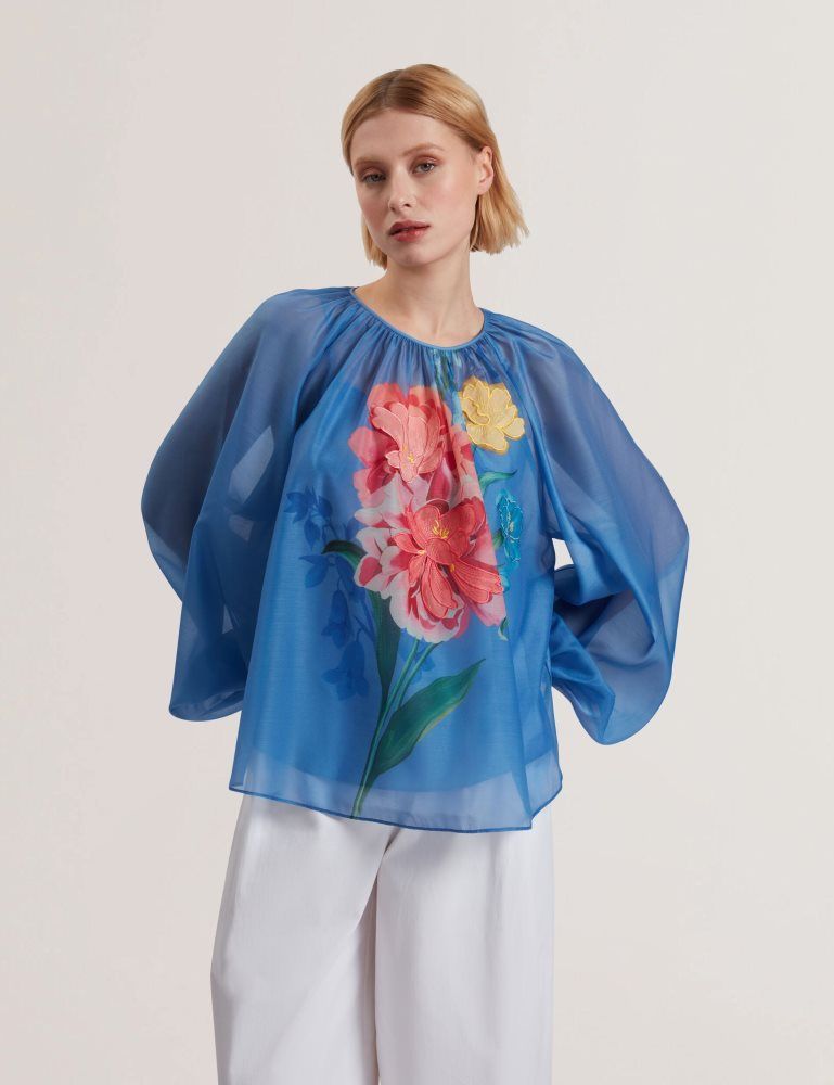 Ted Baker Alria - Floral Graphic Organza Balloon Sleeve Blouse T-shirts Damen Blau | 190258-GMQ