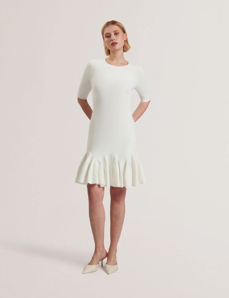 Ted Baker Alzann - Pleated Hem Knitted Bodycon Mini Dress Kleid Damen Weiß | 730864-KWF