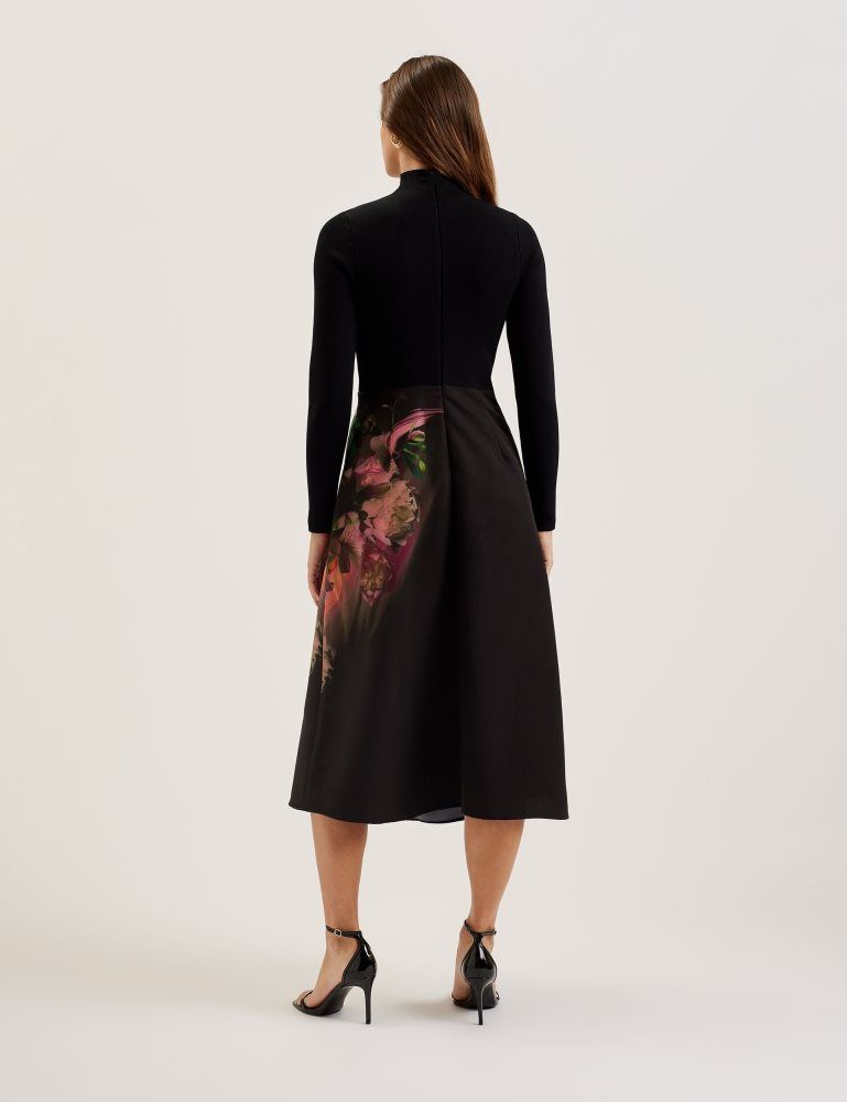 Ted Baker Asnes - Knit Bodice Midi Dress With Printed Skirt Kleid Damen Schwarz | 689240-OVJ