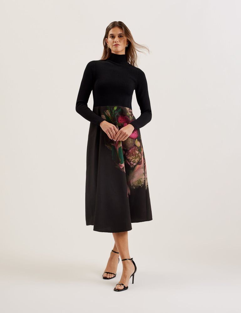 Ted Baker Asnes - Knit Bodice Midi Dress With Printed Skirt Kleid Damen Schwarz | 689240-OVJ