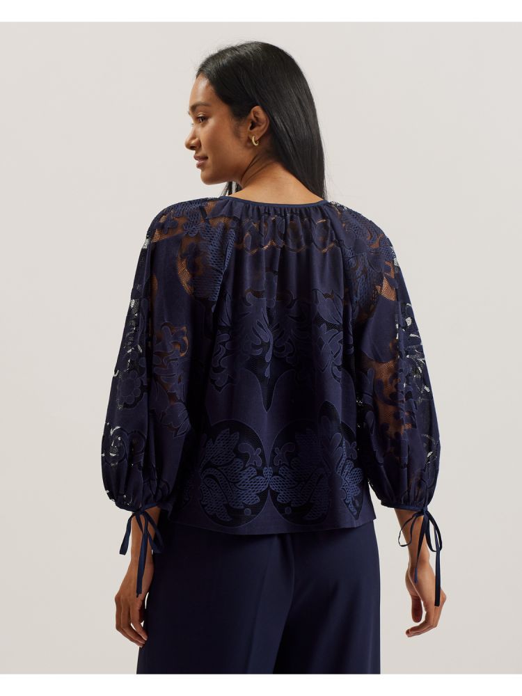 Ted Baker Bacina - Lace 3/4 Balloon Sleeve Blouse T-shirts Damen Blau | 098765-JQA