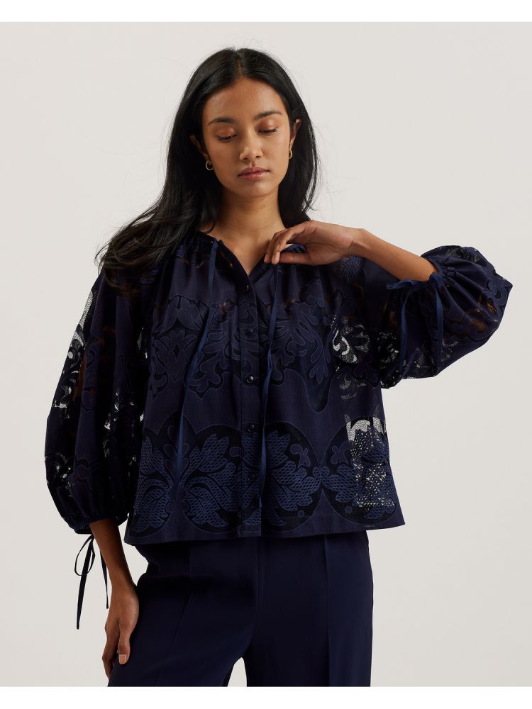 Ted Baker Bacina - Lace 3/4 Balloon Sleeve Blouse T-shirts Damen Blau | 098765-JQA