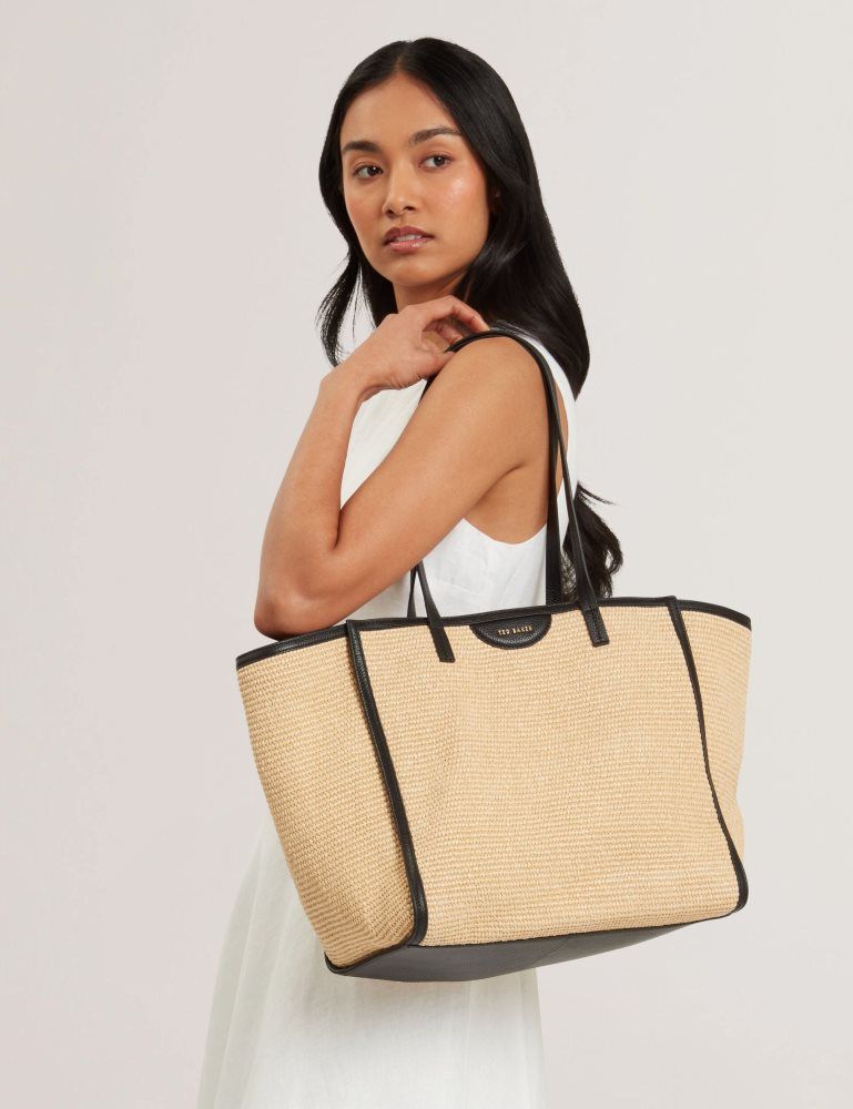 Ted Baker Barni - Faux Raffia Leather Trim Large Shopper Bag Tragetaschen Damen Schwarz | 273056-MPW
