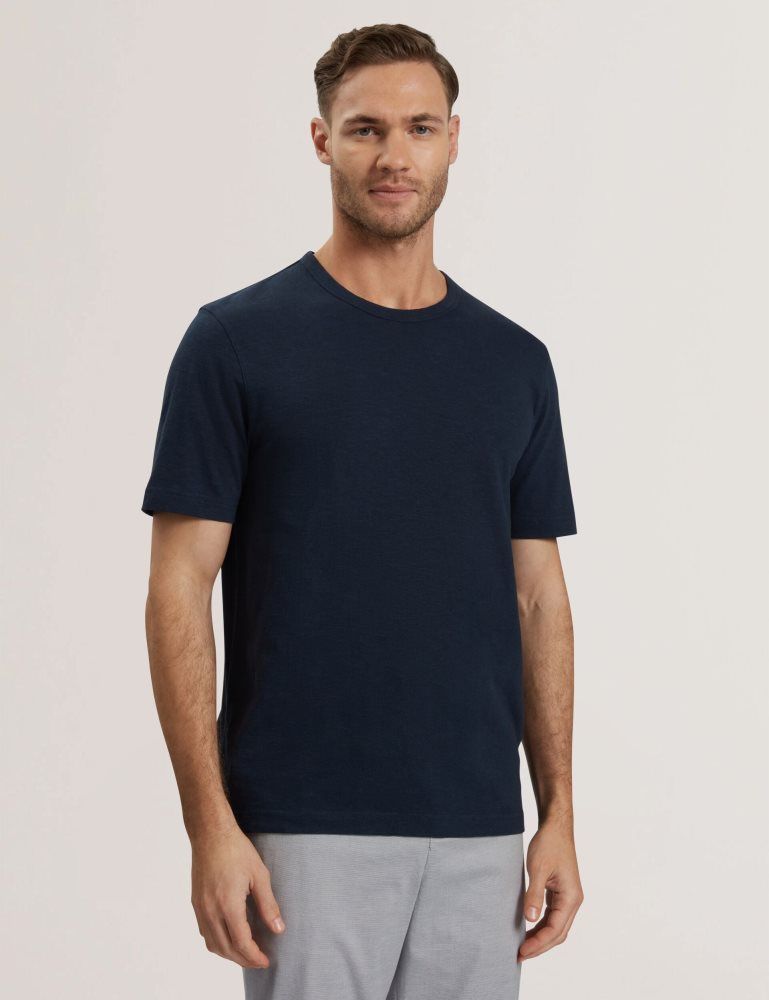 Ted Baker Bartol - Regular Cotton Linen Crew Neck T-shirt Oberteile Herren Navy | 458719-TEI