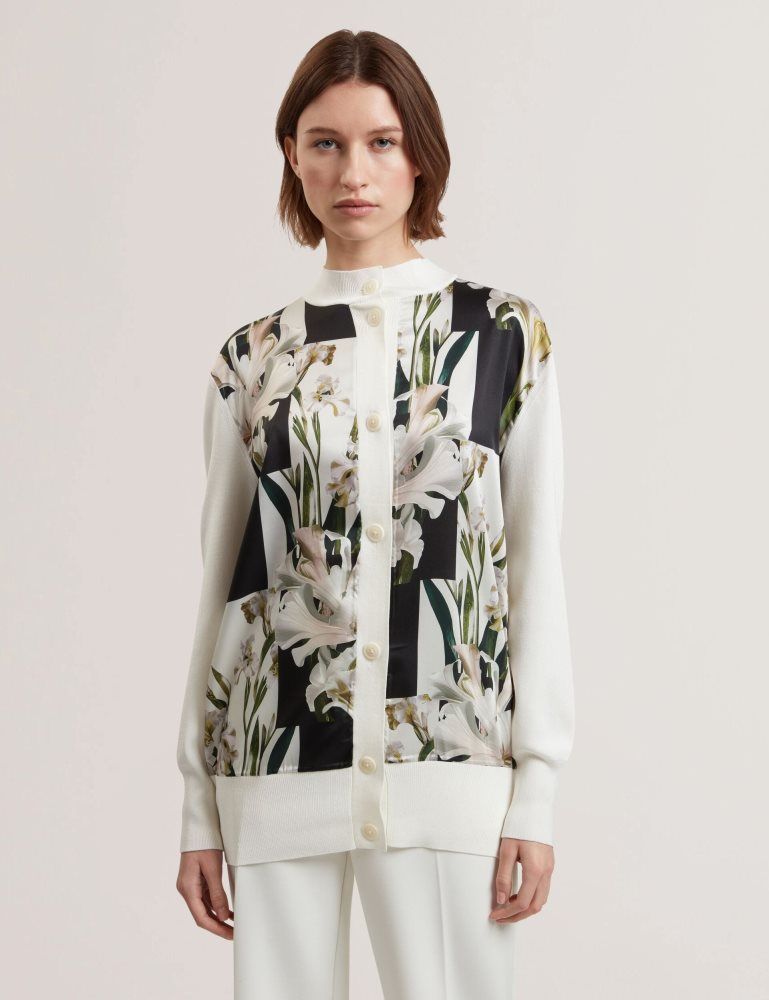 Ted Baker Belviaa - Printed Woven Front Longline Cardigan T-shirts Damen Weiß | 351476-DSM