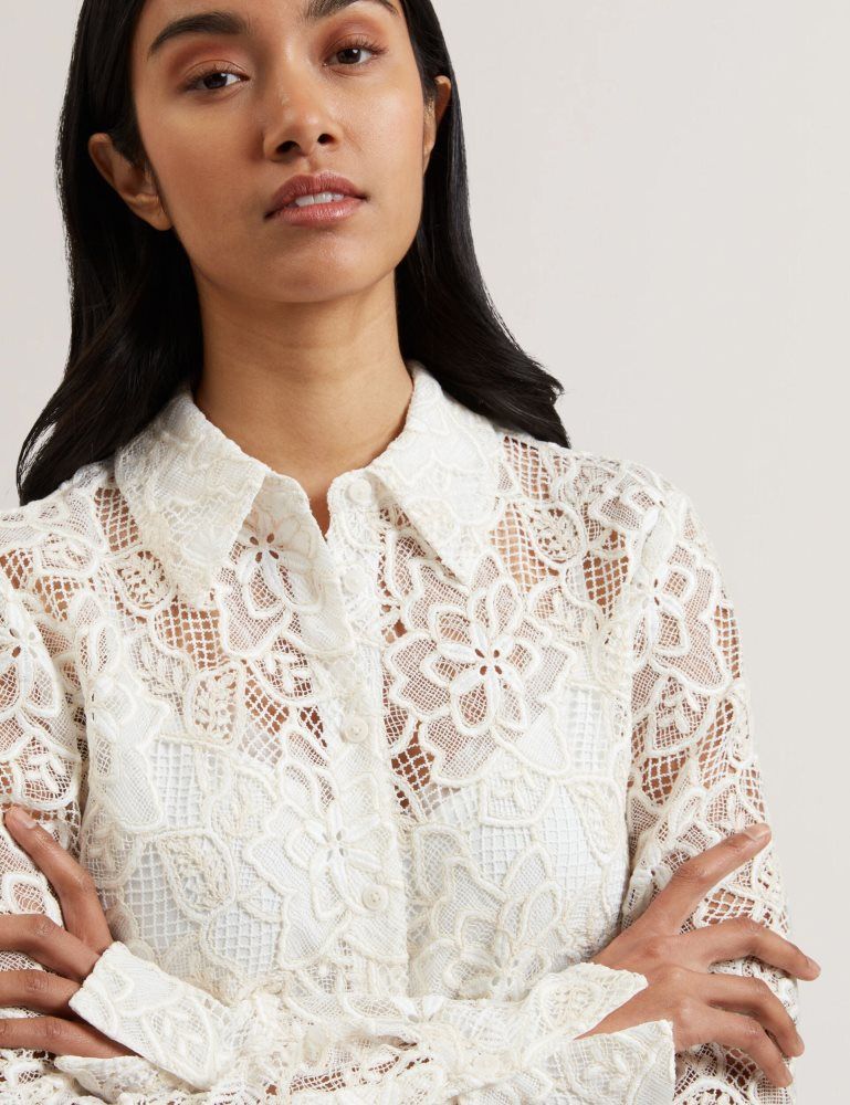 Ted Baker Blond - Floral Lace Longline Cotton Shirt T-shirts Damen Weiß | 315082-XHE