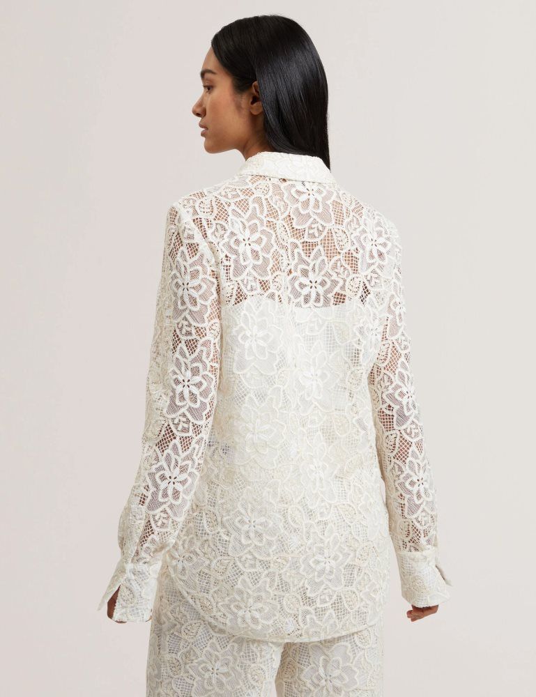 Ted Baker Blond - Floral Lace Longline Cotton Shirt T-shirts Damen Weiß | 315082-XHE