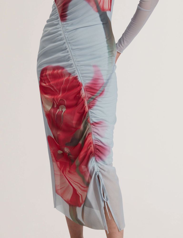 Ted Baker Boxnine - Printed Mesh Gathering Bodycon Midi Dress Kleid Damen Blau | 963417-BXN