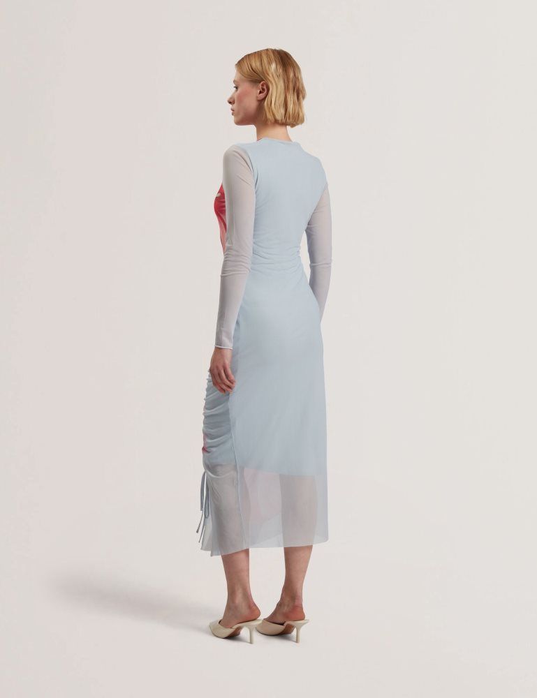 Ted Baker Boxnine - Printed Mesh Gathering Bodycon Midi Dress Kleid Damen Blau | 963417-BXN