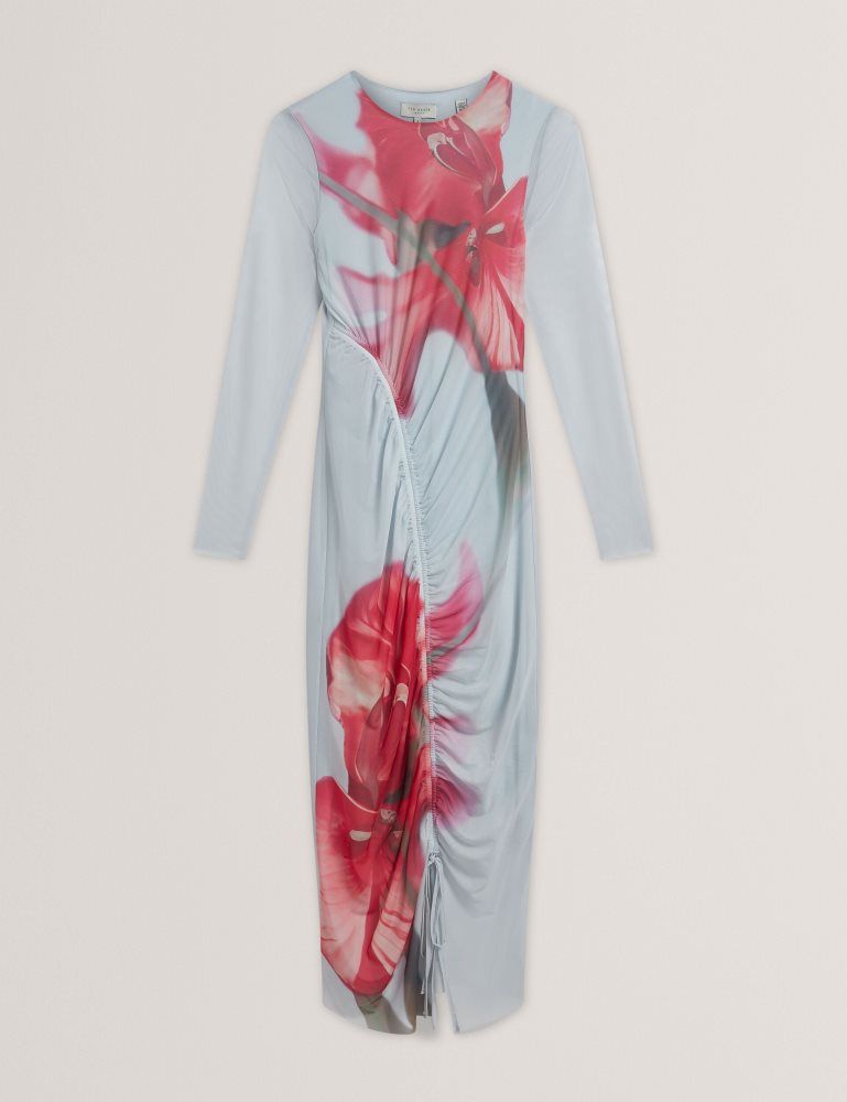 Ted Baker Boxnine - Printed Mesh Gathering Bodycon Midi Dress Kleid Damen Blau | 963417-BXN