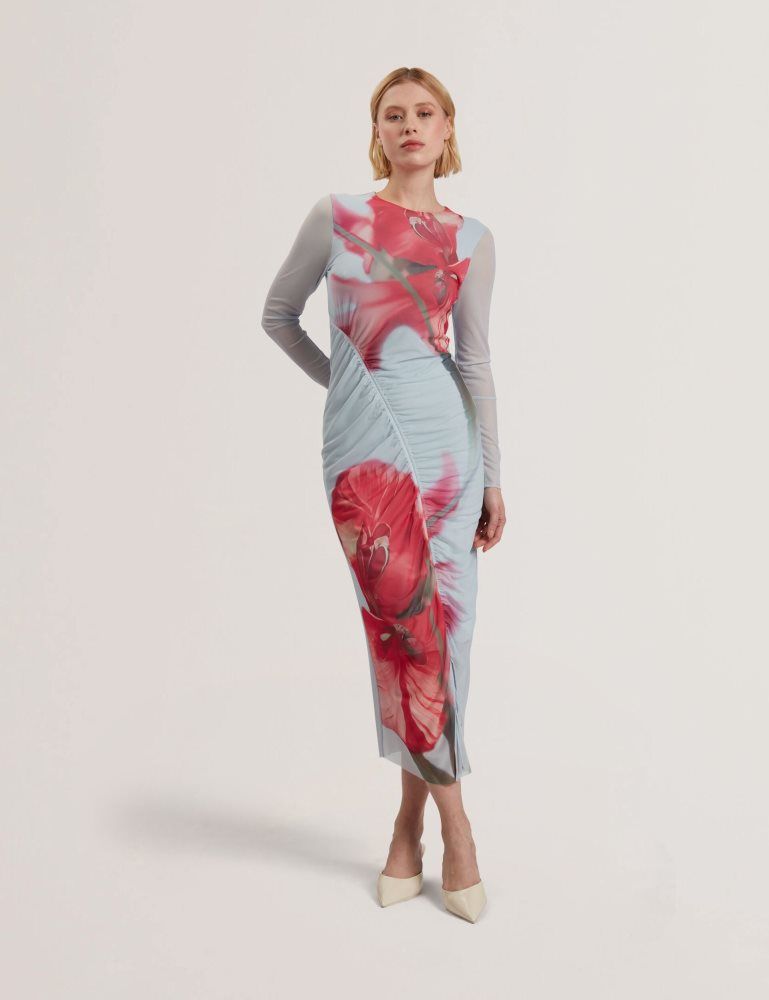 Ted Baker Boxnine - Printed Mesh Gathering Bodycon Midi Dress Kleid Damen Blau | 963417-BXN