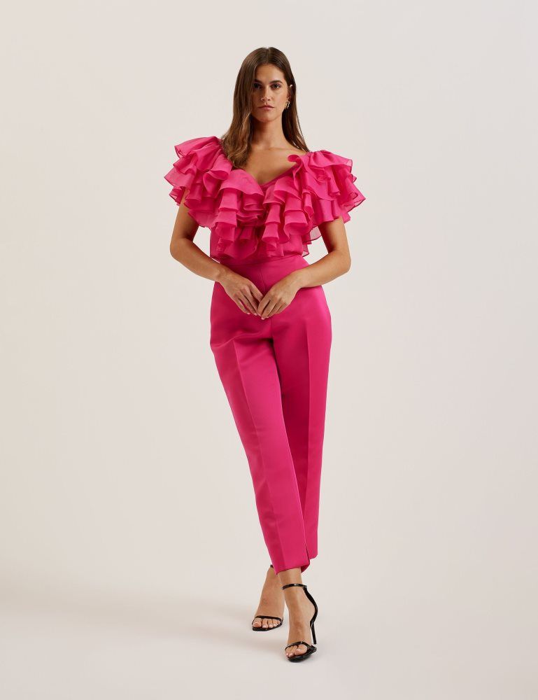 Ted Baker Calonda - Oversized Frill Trim V-neck Top T-shirts Damen Fuchsie | 760241-GES