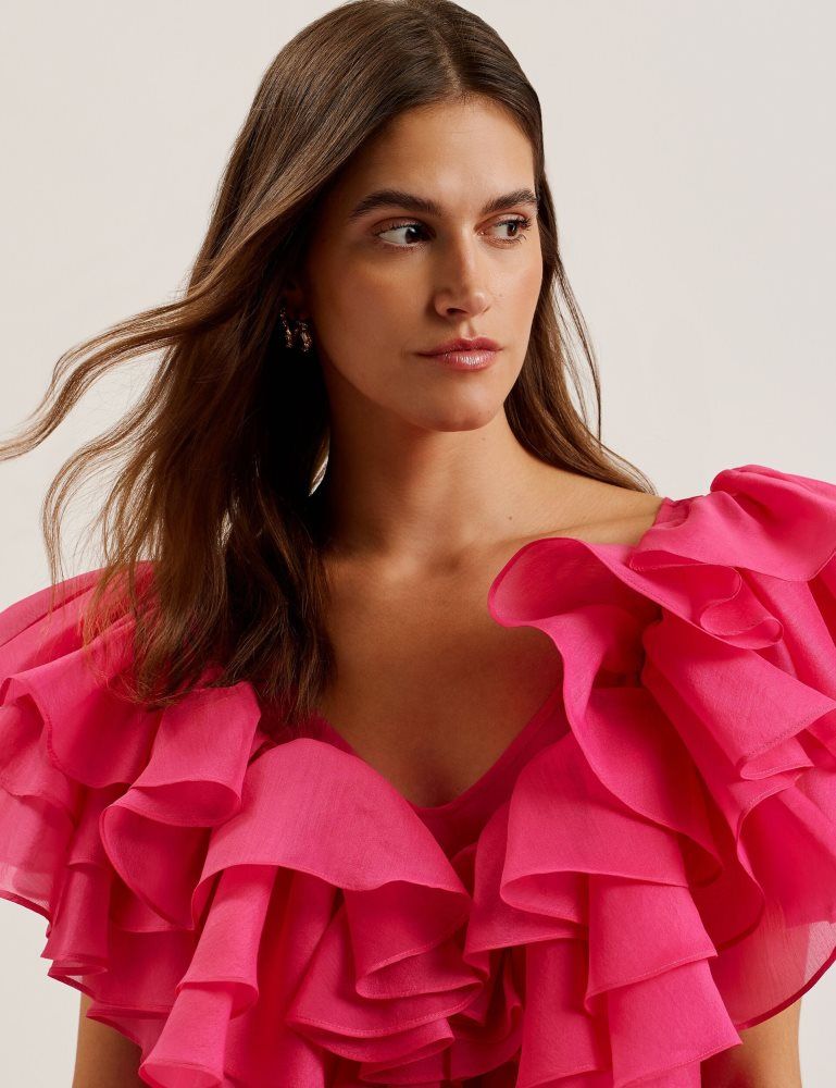 Ted Baker Calonda - Oversized Frill Trim V-neck Top T-shirts Damen Fuchsie | 760241-GES