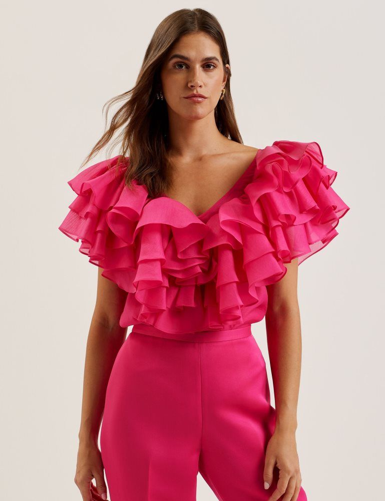 Ted Baker Calonda - Oversized Frill Trim V-neck Top T-shirts Damen Fuchsie | 760241-GES