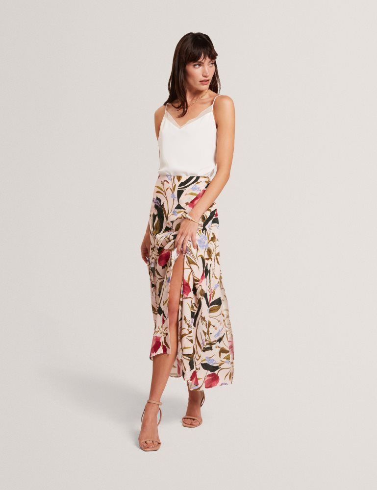 Ted Baker Candici - Floral Print Frill Trim Midi Skirt With Split Röcke Damen Rosa | 354078-LBE