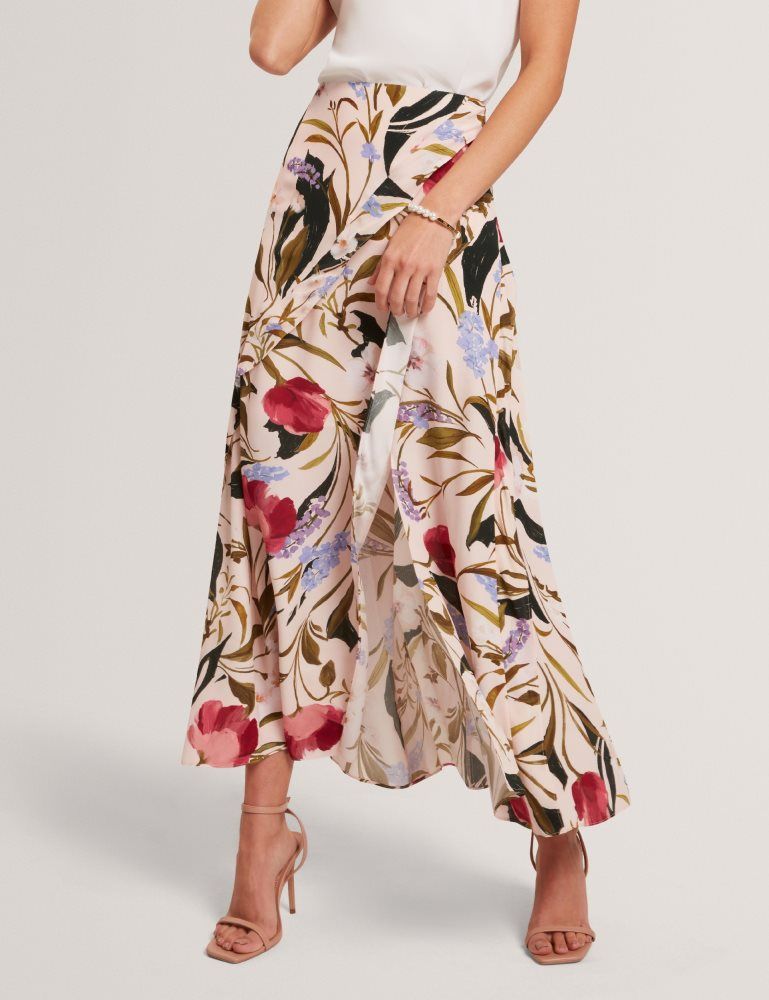 Ted Baker Candici - Floral Print Frill Trim Midi Skirt With Split Röcke Damen Rosa | 354078-LBE