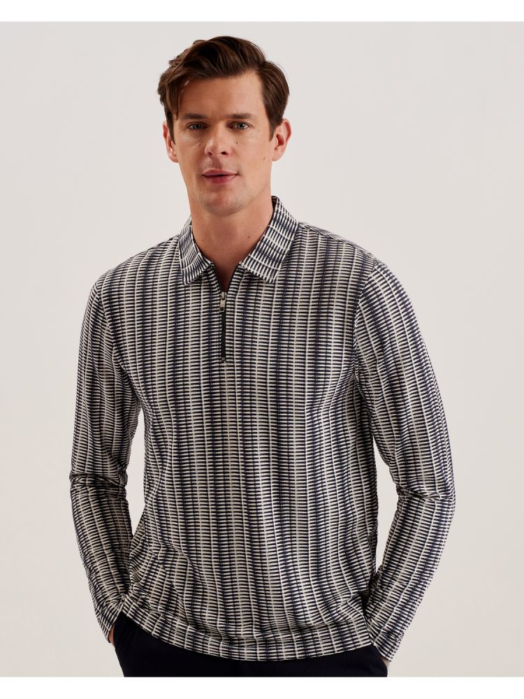 Ted Baker Capuzzo - Long Sleeve Geo Stripe Zip Polo Shirt Oberteile Herren Navy | 057283-LBA
