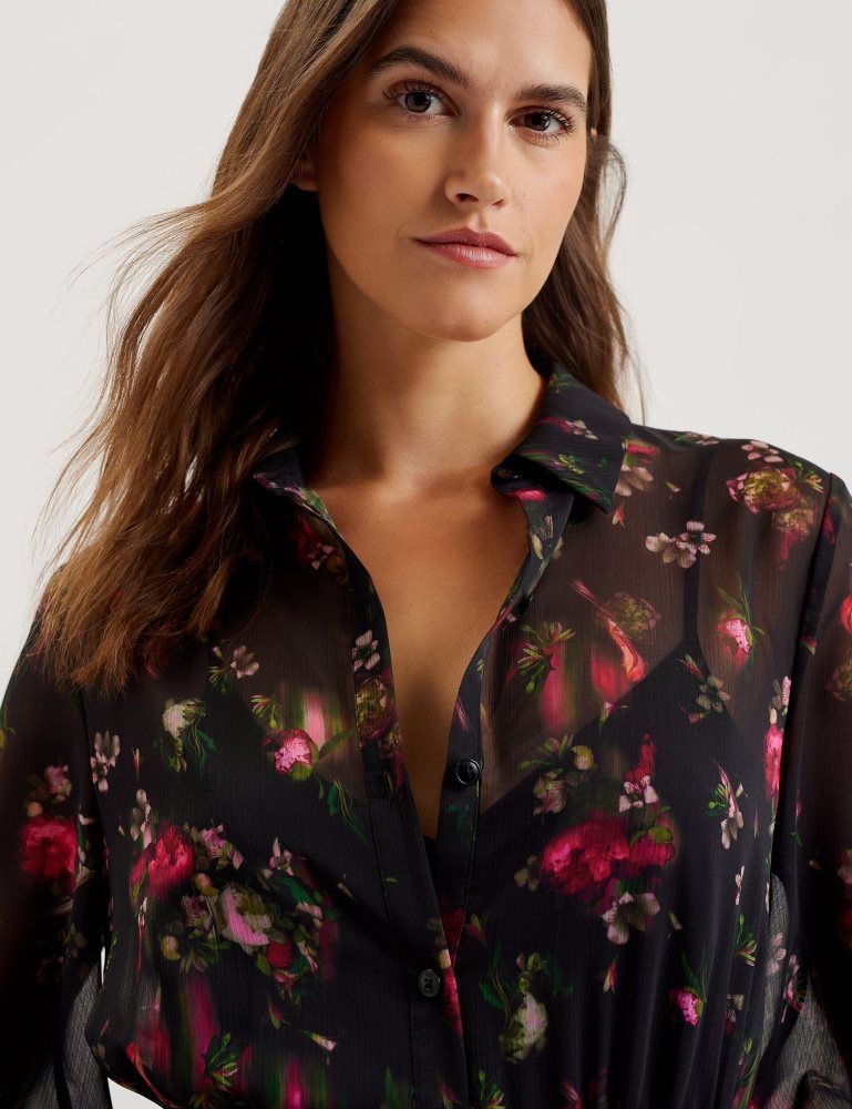 Ted Baker Ceiba - Floral Print Pleated Maxi Shirt Dress Kleid Damen Schwarz | 795648-LEN
