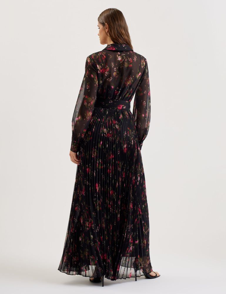Ted Baker Ceiba - Floral Print Pleated Maxi Shirt Dress Kleid Damen Schwarz | 795648-LEN