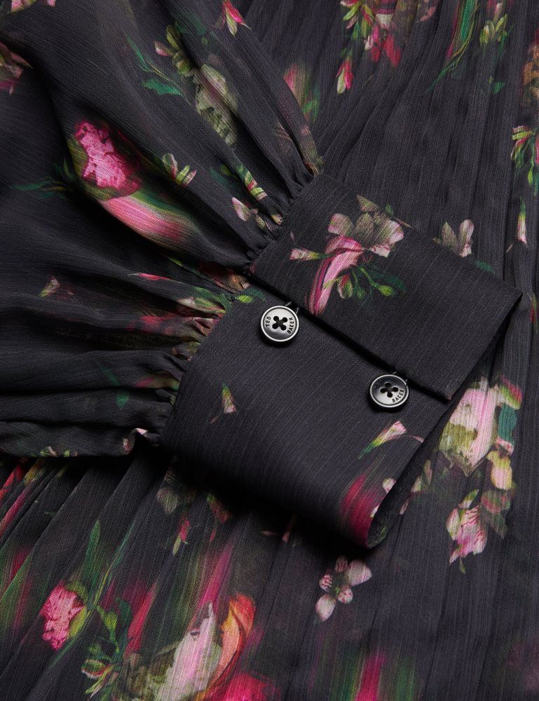 Ted Baker Ceiba - Floral Print Pleated Maxi Shirt Dress Kleid Damen Schwarz | 795648-LEN