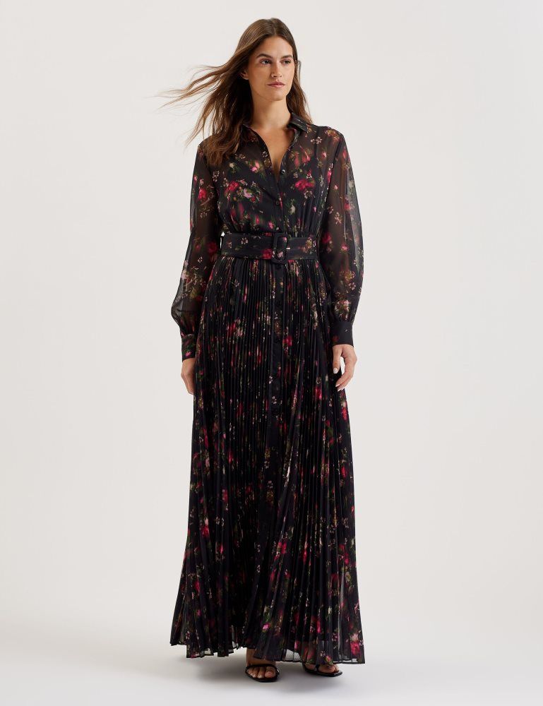 Ted Baker Ceiba - Floral Print Pleated Maxi Shirt Dress Kleid Damen Schwarz | 795648-LEN
