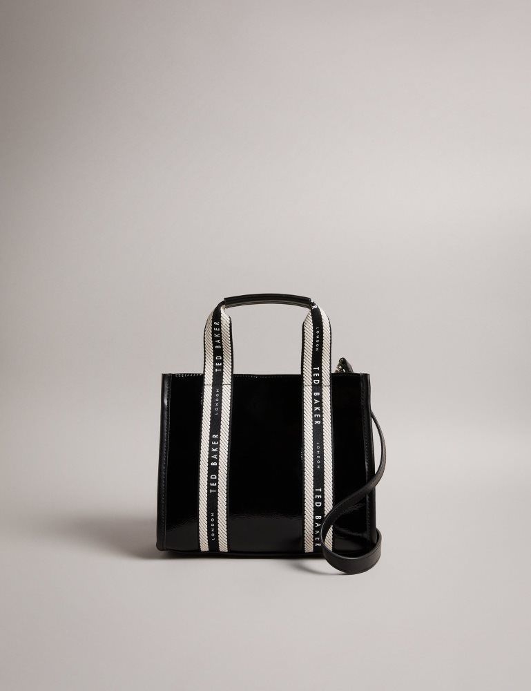 Ted Baker Celiane - Branded Webbing Patent Small Tote Bag Tragetaschen Damen Schwarz | 570482-JXY