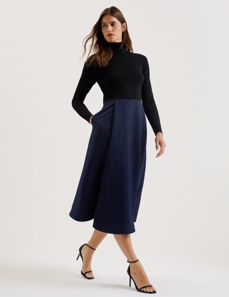 Ted Baker Chira - Knit Bodice Midi Dress With Wrap Skirt Kleid Damen Schwarz | 974532-VZR