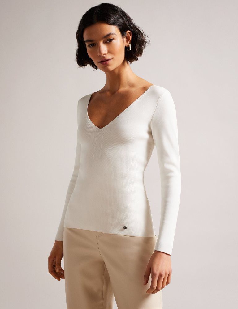 Ted Baker Cileste - Fitted V-neck Long Sleeve Knit Top Pullover Damen Weiß | 564809-XJO