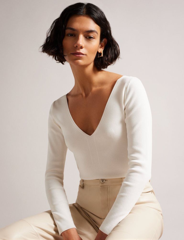 Ted Baker Cileste - Fitted V-neck Long Sleeve Knit Top Pullover Damen Weiß | 564809-XJO