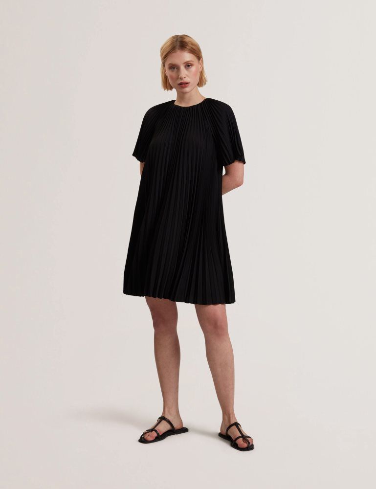 Ted Baker Convala - Pleated Short Sleeve A-line Mini Dress Kleid Damen Schwarz | 598316-MUQ