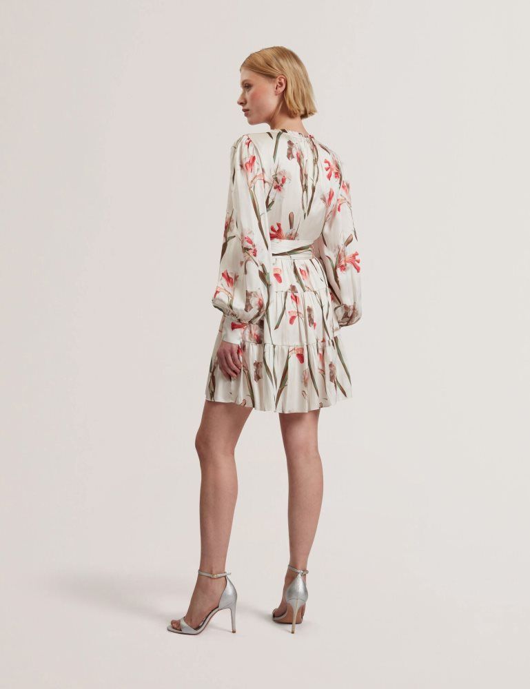 Ted Baker Cuiaba - Floral V-neck Tie Waist Mini Dress Kleid Damen Weiß | 591402-AEX